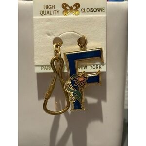 Vintage Gold-Toned Keychain Initial "F" with Butterfly & Flower Enamel